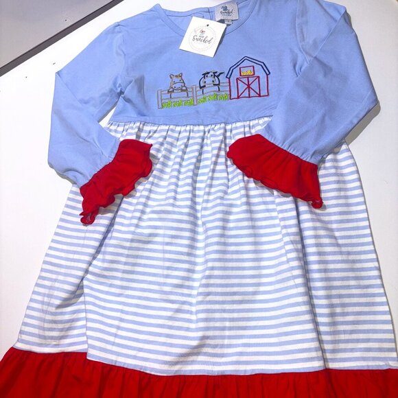 NEW NWT Smocked Polkadot Embroidered Red White Blue Farm Ruffle Dress size 7 - Picture 1 of 8